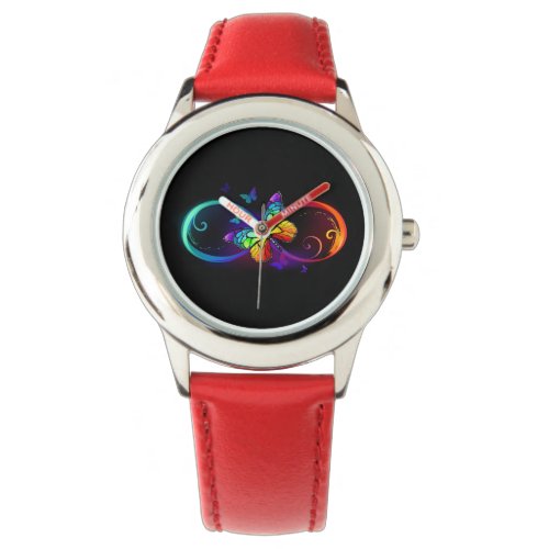 Vibrant infinity with rainbow butterfly on black watch