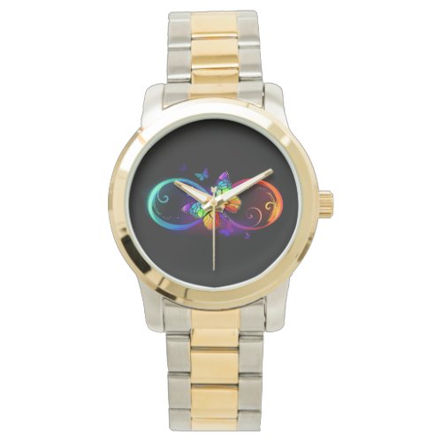 Vibrant infinity with rainbow butterfly on black watch