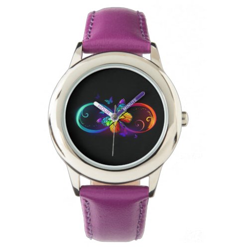 Vibrant infinity with rainbow butterfly on black watch