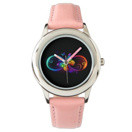 Vibrant infinity with rainbow butterfly on black watch