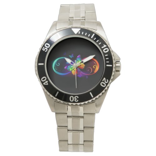 Vibrant infinity with rainbow butterfly on black watch