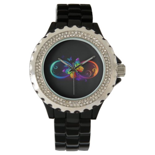 Vibrant infinity with rainbow butterfly on black watch