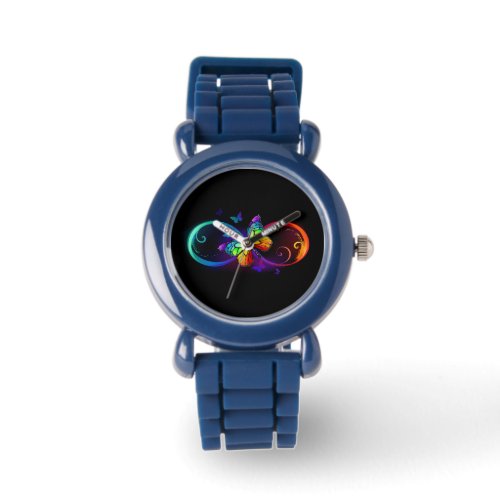 Vibrant infinity with rainbow butterfly on black watch