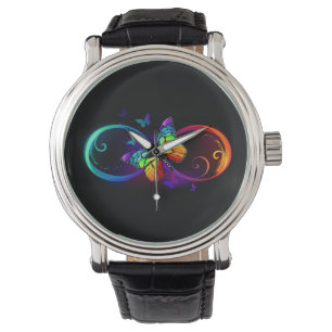 Vibrant infinity with rainbow butterfly on black watch