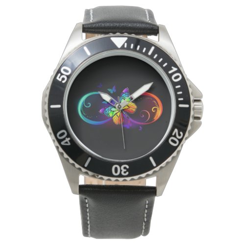 Vibrant infinity with rainbow butterfly on black watch