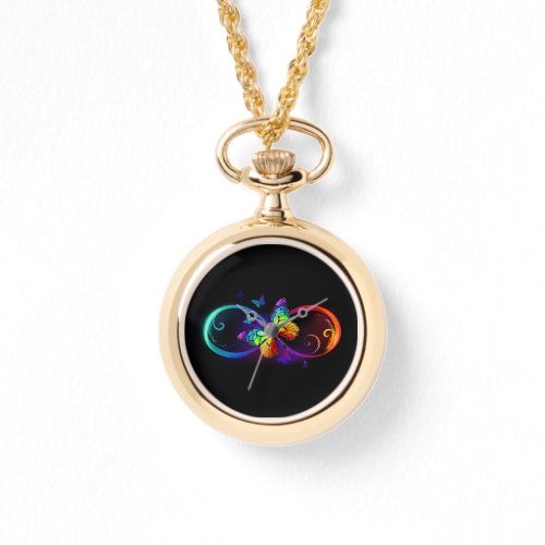 Vibrant infinity with rainbow butterfly on black watch