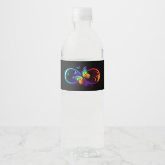 Vibrant infinity with rainbow butterfly on black water bottle label