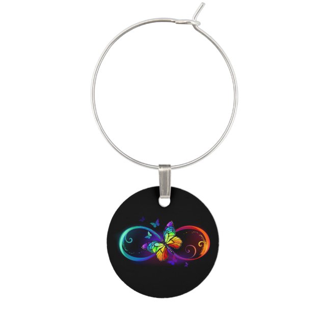 Vibrant infinity with rainbow butterfly on black wine charm (Front)