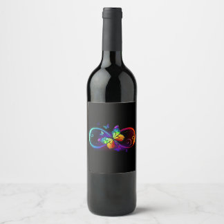 Vibrant infinity with rainbow butterfly on black wine label