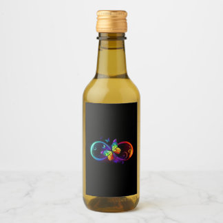 Vibrant infinity with rainbow butterfly on black wine label