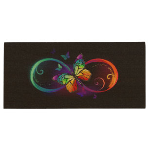 Vibrant infinity with rainbow butterfly on black wood flash drive