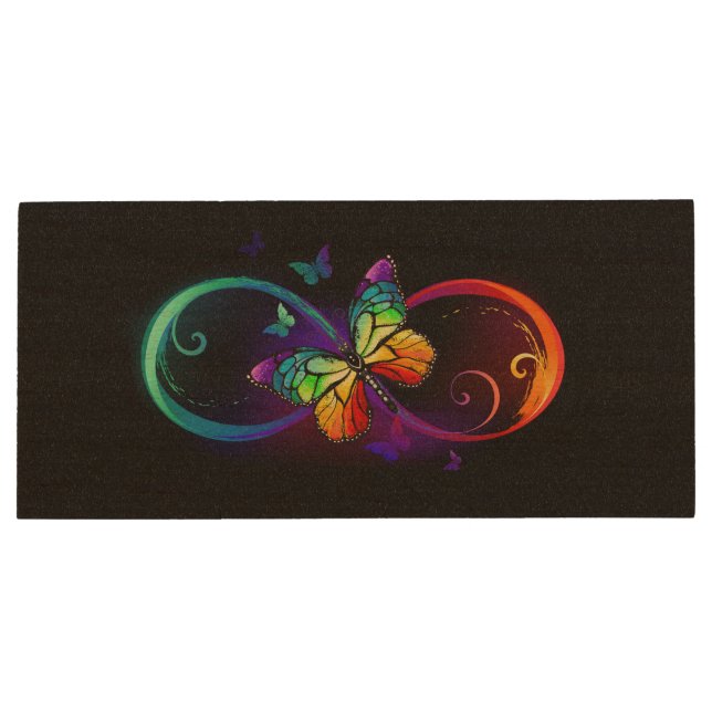 Vibrant infinity with rainbow butterfly on black wood flash drive (Back)