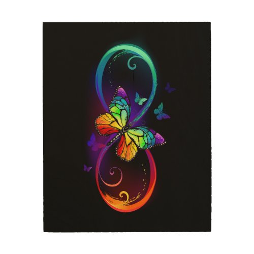 Vibrant infinity with rainbow butterfly on black  wood wall art