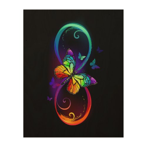 Vibrant infinity with rainbow butterfly on black wood wall art