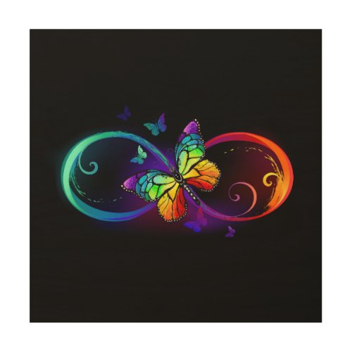 Vibrant infinity with rainbow butterfly on black wood wall art