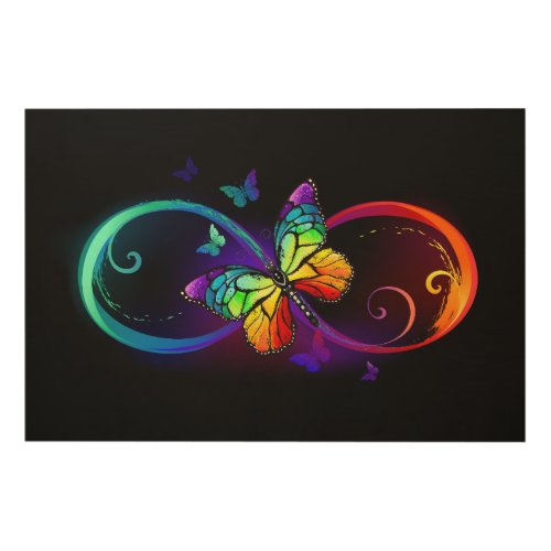 Vibrant infinity with rainbow butterfly on black wood wall art