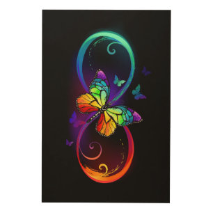 Vibrant infinity with rainbow butterfly on black wood wall art