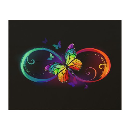 Vibrant infinity with rainbow butterfly on black  wood wall art