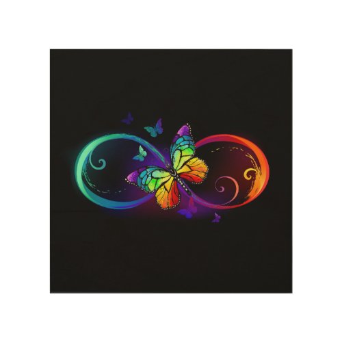 Vibrant infinity with rainbow butterfly on black wood wall art