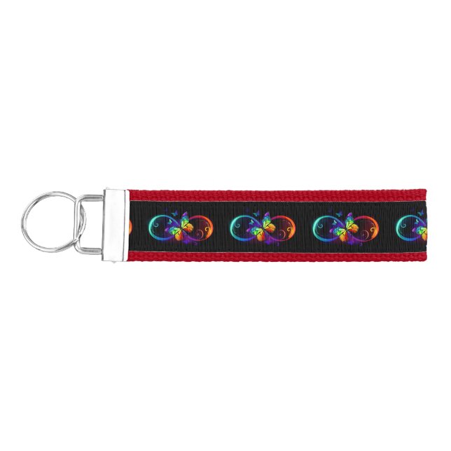 Vibrant infinity with rainbow butterfly on black wrist keychain (Keys on Left)