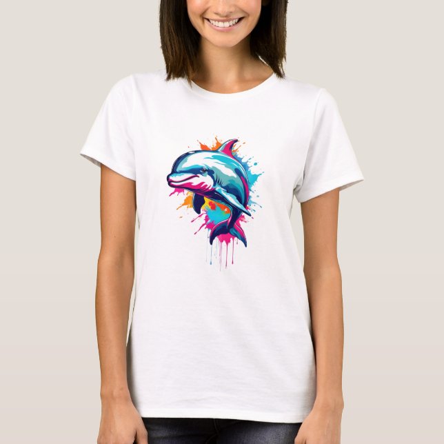 Vibrant Ink Splatter Dolphin Pop Art, Colorful T-Shirt (Front)