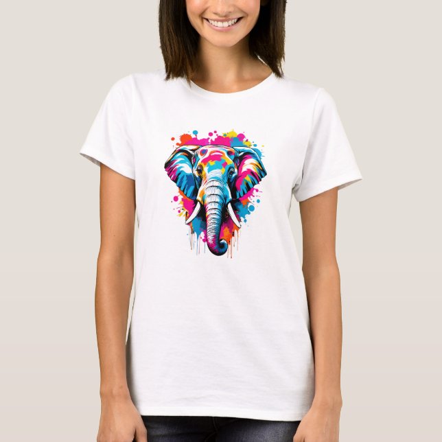 Vibrant Ink Splatter Elephant Pop Art, Colorful T-Shirt (Front)