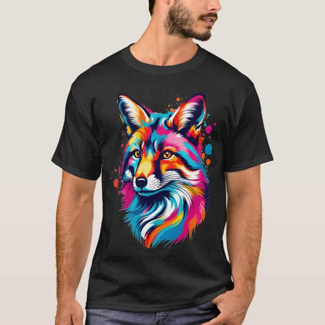 Vibrant Ink Splatter Fox Pop Art, Colorful T-Shirt (Front)