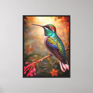 Vibrant Iridescent Hummingbird & Pink Blossoms  Canvas Print