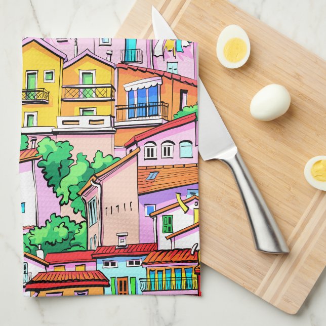 Vibrant Italian Facade Kitchen Towel (Quarter Fold)