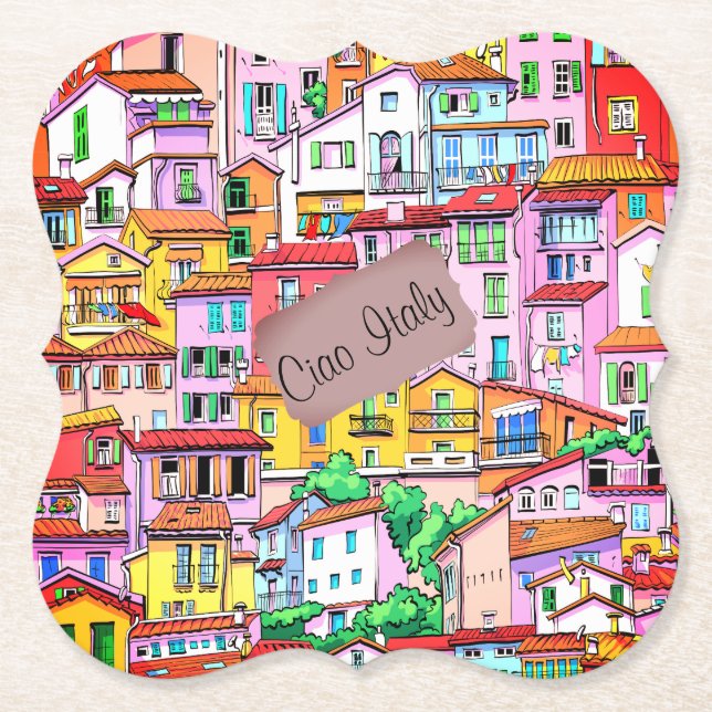 Vibrant Italian Facade Paper Coaster (Front)