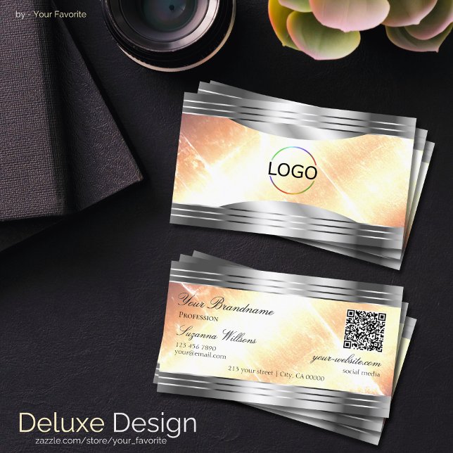 Vibrant Ivory Peach Silver Borders Logo QR Code Business Card (Creator Uploaded)