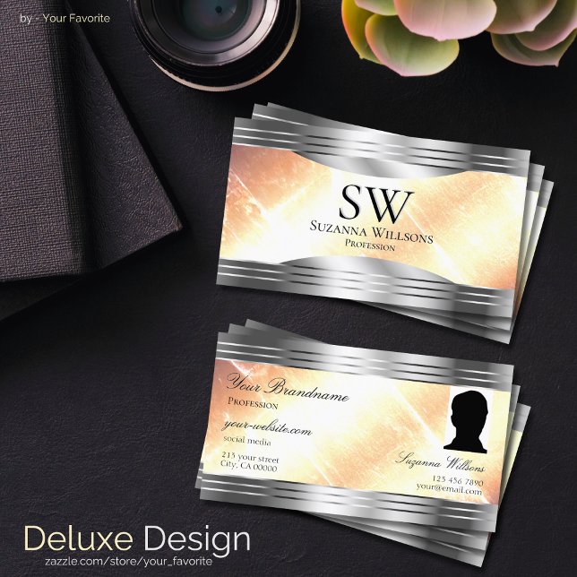 Vibrant Ivory Peach Silver Borders Monogram Photo Business Card (Creator Uploaded)