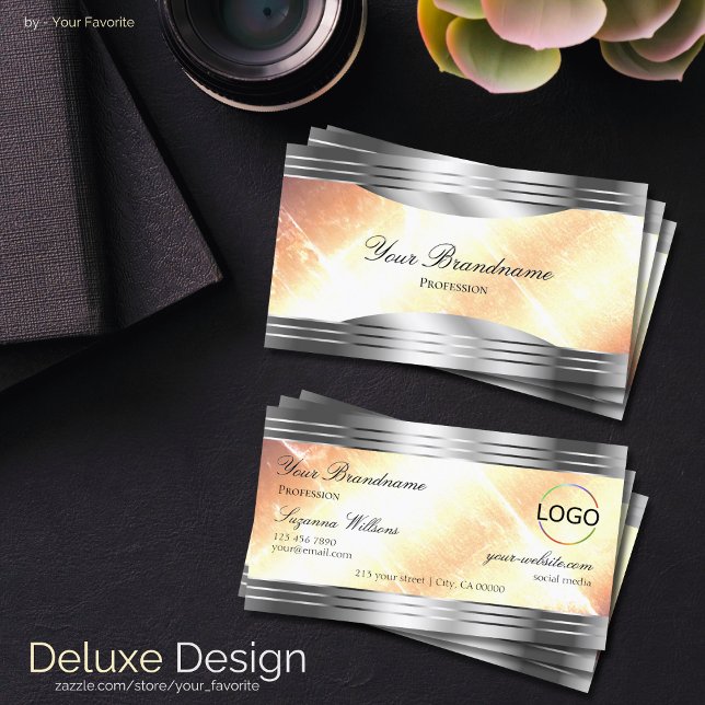Vibrant Ivory Peach with Silver Borders and Logo Business Card (Creator Uploaded)