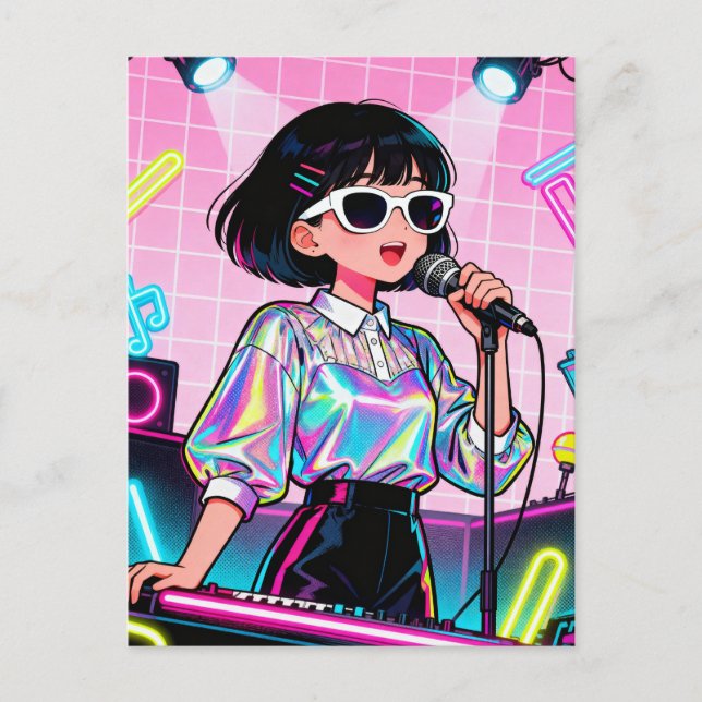 Vibrant Japanese Karaoke Pop Art Girl Postcard (Front)
