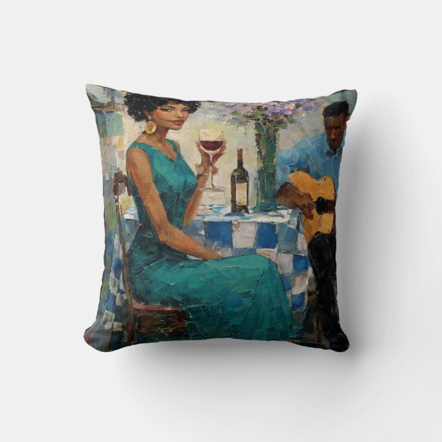 Vibrant Jazz Woman Teal Bistro Art Throw Pillow (Front)