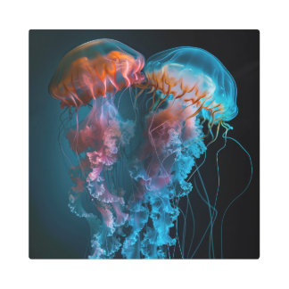 Vibrant jellyfish couple metal print