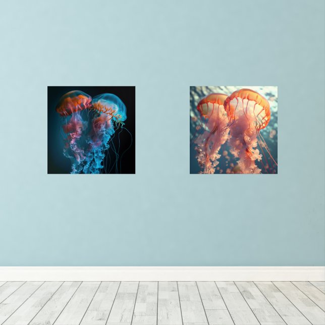 Vibrant jellyfish couple wall art sets (Wood Floor)