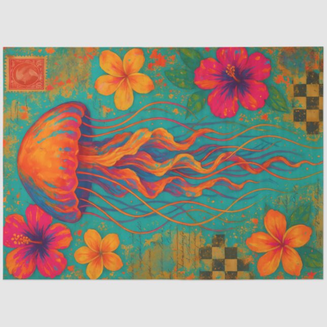 Vibrant Jellyfish with Hibiscus Flowers Nautical  Tissue Paper (Front)