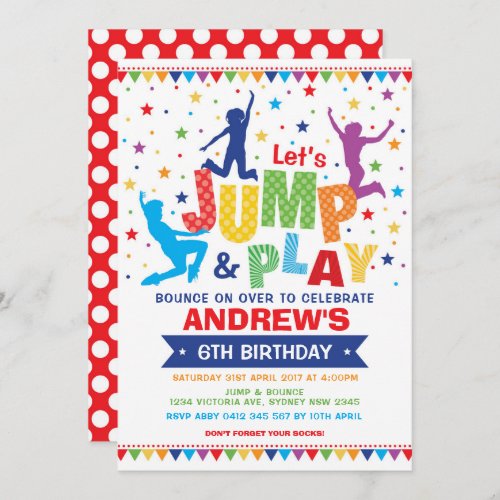 Vibrant Jump Bounce Play Birthday Trampoline Party Invitation