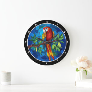 Vibrant Jungle Jewel" - Stained Glass Parrot Wall Large Clock