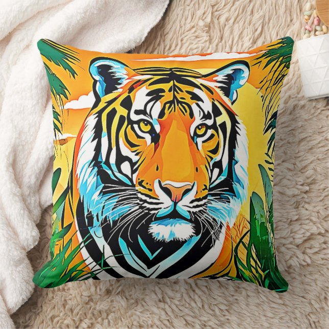 Vibrant Jungle Tiger Art Design Throw Pillow (Blanket)