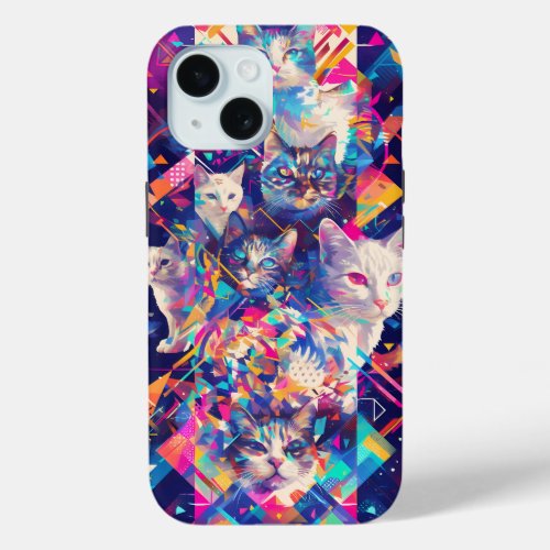 Vibrant Kaleidoscopic Cat Collage iPhone 15 Case