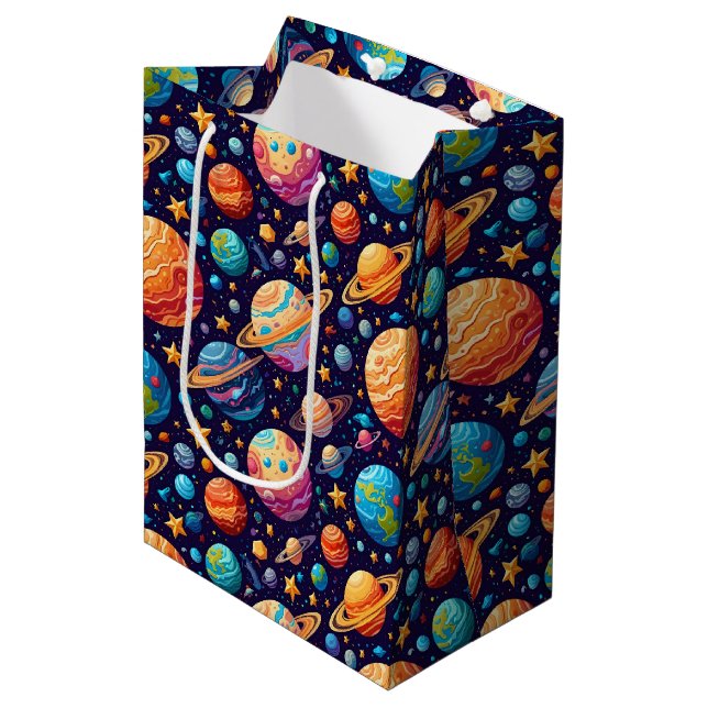 Vibrant Kawaii Celestial Outer Space Pattern Medium Gift Bag (Front Angled)