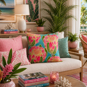 Vibrant King Protea Flower Pattern Teal Pink Throw Pillow