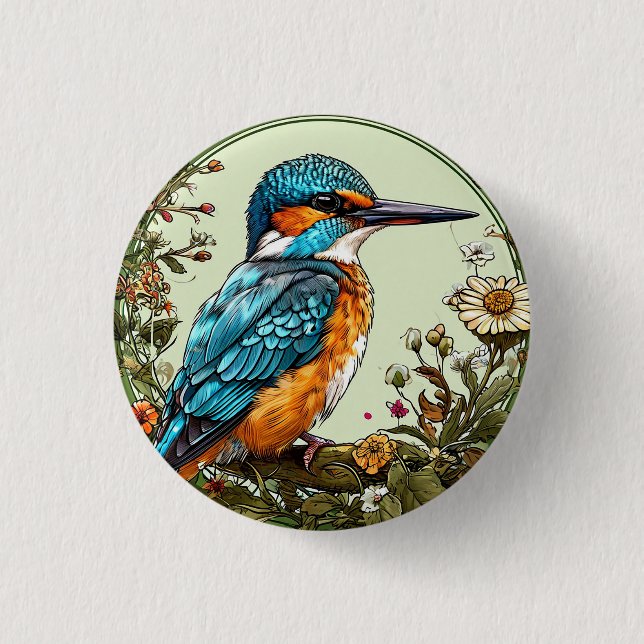 Vibrant Kingfisher Bird Button (Front)