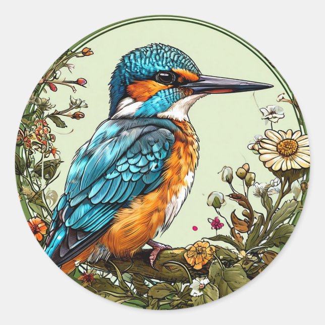 Vibrant Kingfisher Bird Classic Round Sticker (Front)