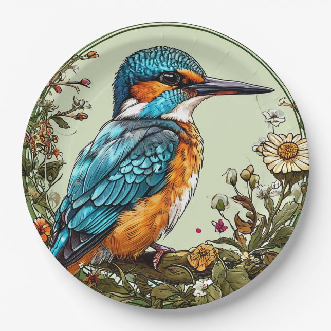 Vibrant Kingfisher Bird Paper Plates (Front)