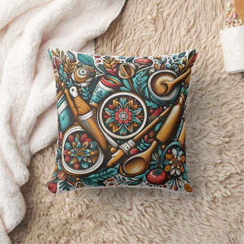 Vibrant kitchen tools and plants arrangement throw pillow