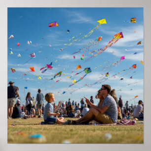 Vibrant Kite Festival - Kites Above, Crowd Below Poster