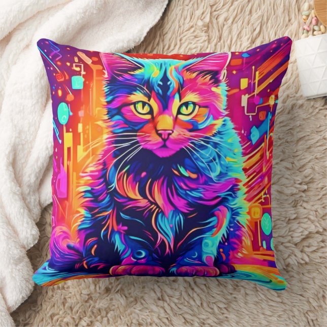 Vibrant Kitty: Beautiful Neon Artwork Throw Pillow (Blanket)